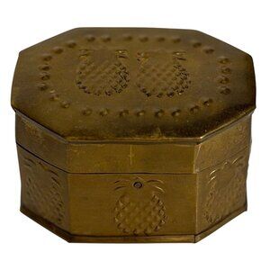 VTG Gold Brass Octagonal Trinket Box Embossed Pineapple Design 2.5" Collectible